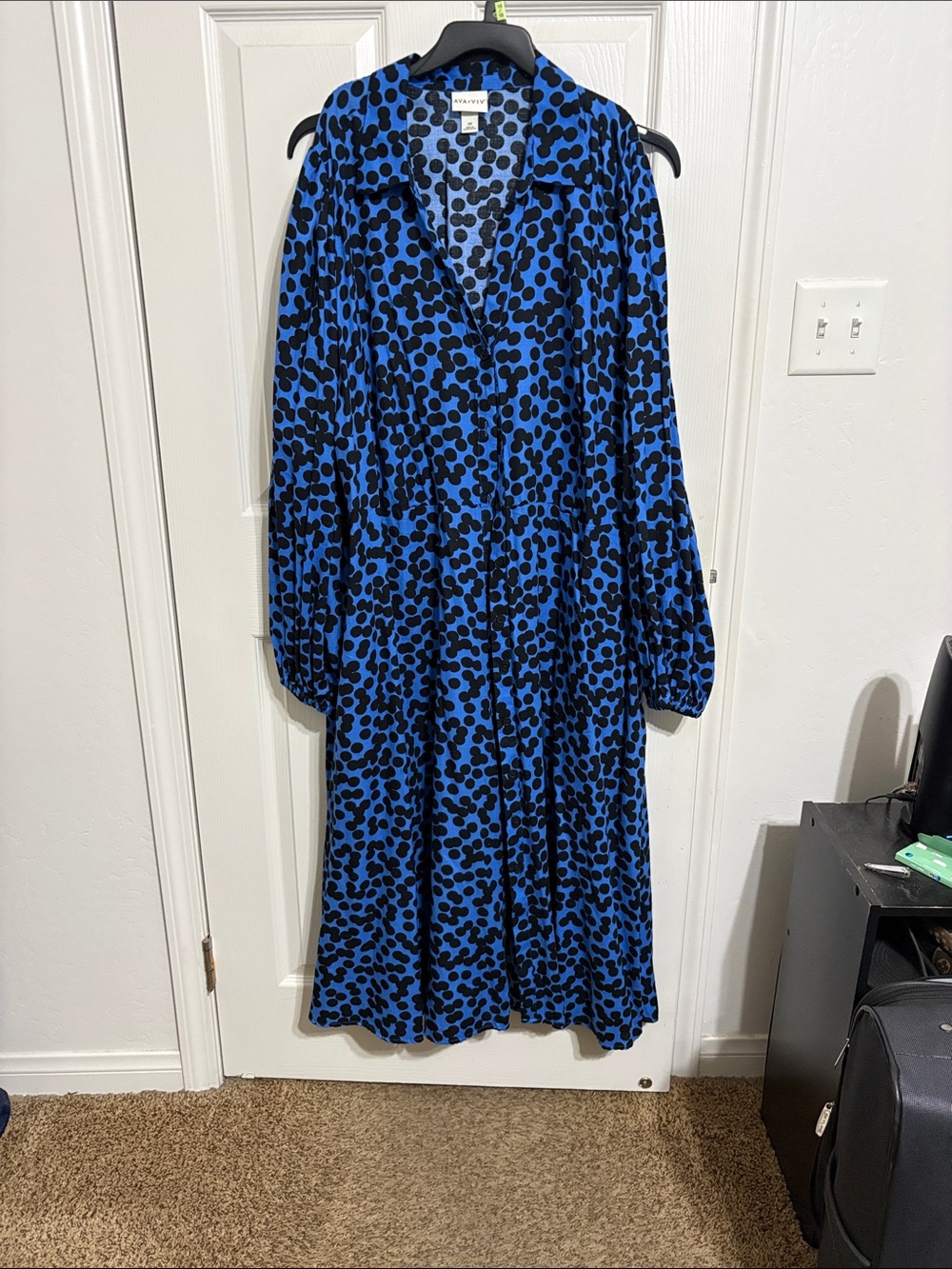 Ava & Viv Blue and Black Printed Long Sleeve Midi Dress